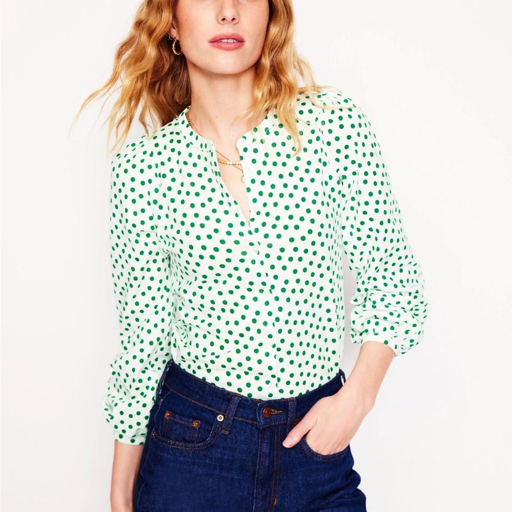 Boden Marina Jersey Shirt-Ivory, Green Abstract Dot